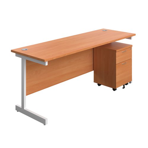 Single Upright Rectangular Desk + Mobile 2 Drawer Pedestal (FSC) 1800 X 600 Beech/White