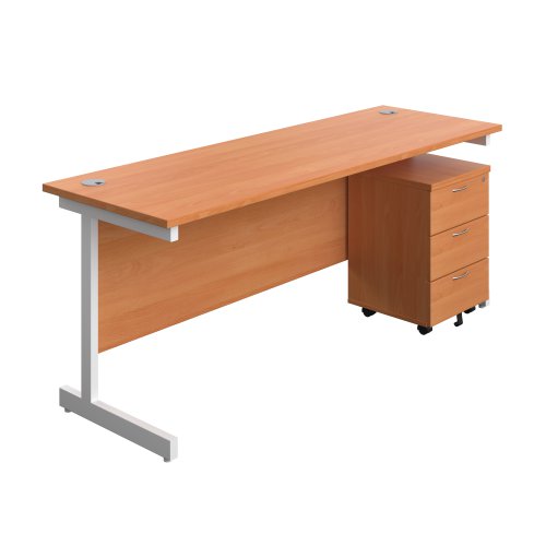 Single Upright Rectangular Desk + Mobile 3 Drawer Pedestal (FSC) 1800 X 600 Beech/White