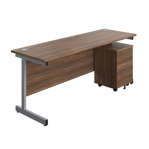 Single Upright Rectangular Desk + Mobile 2 Drawer Pedestal (FSC) 1800 X 600 Dark Walnut/Silver