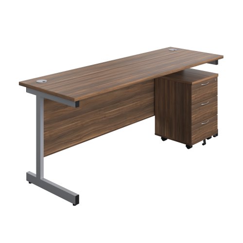 Single Upright Rectangular Desk + Mobile 3 Drawer Pedestal (FSC) 1800 X 600 Dark Walnut/Silver