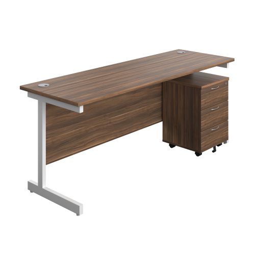 Single Upright Rectangular Desk + Mobile 3 Drawer Pedestal (FSC) 1800 X 600 Dark Walnut/White