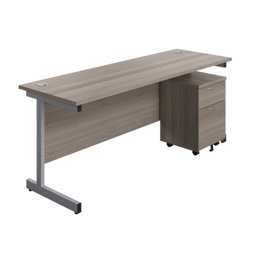 Single Upright Rectangular Desk + Mobile 2 Drawer Pedestal (FSC) 1800 X 600 Grey Oak/Silver