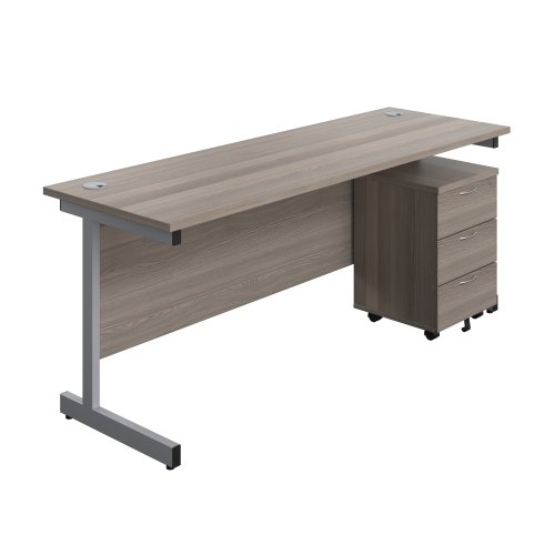 Single Upright Rectangular Desk + Mobile 3 Drawer Pedestal (FSC) 1800 X 600 Grey Oak/Silver