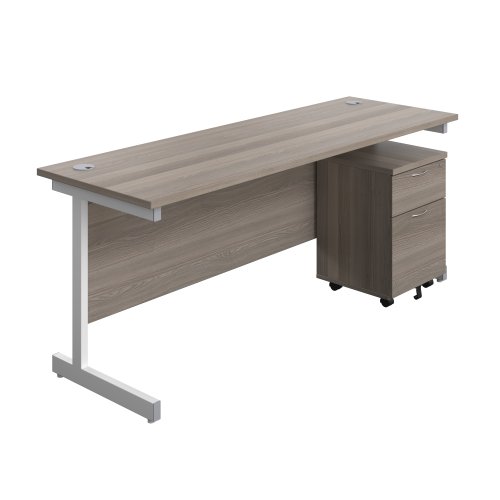 Single Upright Rectangular Desk + Mobile 2 Drawer Pedestal (FSC) 1800 X 600 Grey Oak/White