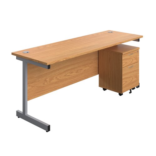 Single Upright Rectangular Desk + Mobile 2 Drawer Pedestal (FSC) 1800 X 600 Nova Oak/Silver