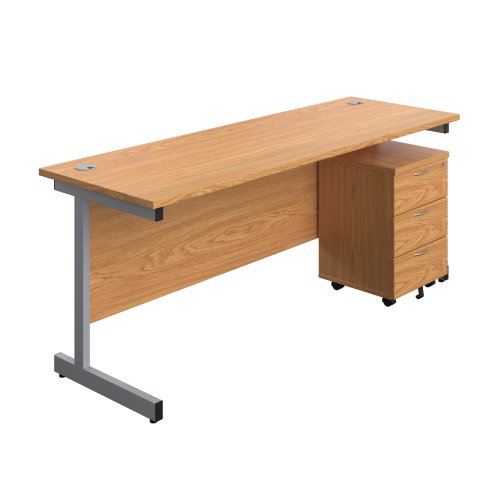Single Upright Rectangular Desk + Mobile 3 Drawer Pedestal (FSC) 1800 X 600 Nova Oak/Silver