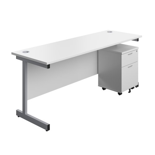 Single Upright Rectangular Desk + Mobile 2 Drawer Pedestal (FSC) 1800 X 600 White/Silver