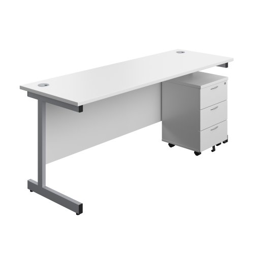 Single Upright Rectangular Desk + Mobile 3 Drawer Pedestal (FSC) 1800 X 600 White/Silver
