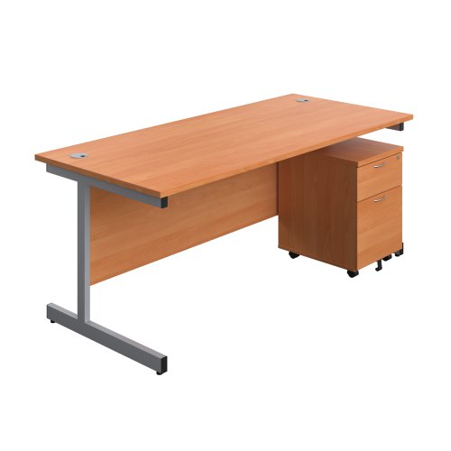 Single Upright Rectangular Desk + Mobile 2 Drawer Pedestal (FSC) 1800 X 800 Beech/Silver