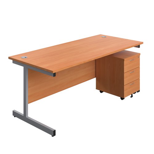 Single Upright Rectangular Desk + Mobile 3 Drawer Pedestal (FSC) 1800 X 800 Beech/Silver