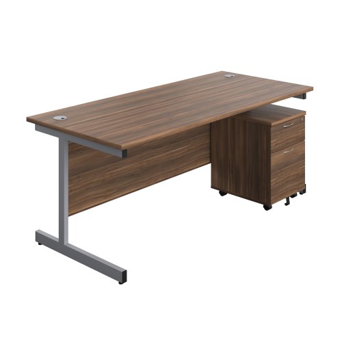 Single Upright Rectangular Desk + Mobile 2 Drawer Pedestal (FSC) 1800 X 800 Dark Walnut/Silver