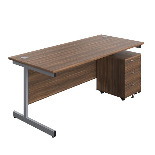 Single Upright Rectangular Desk + Mobile 3 Drawer Pedestal (FSC) 1800 X 800 Dark Walnut/Silver