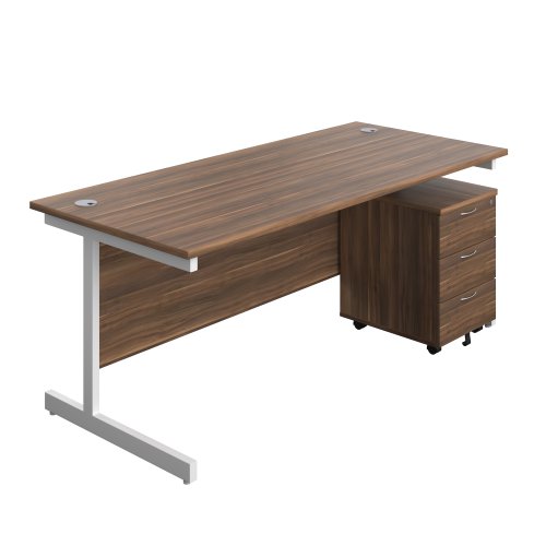 Single Upright Rectangular Desk + Mobile 3 Drawer Pedestal (FSC) 1800 X 800 Dark Walnut/White