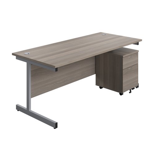 Single Upright Rectangular Desk + Mobile 2 Drawer Pedestal (FSC) 1800 X 800 Grey Oak/Silver