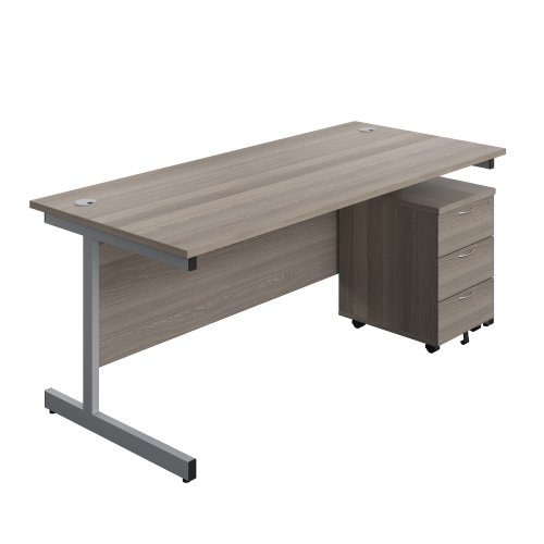 Single Upright Rectangular Desk + Mobile 3 Drawer Pedestal (FSC) 1800 X 800 Grey Oak/Silver