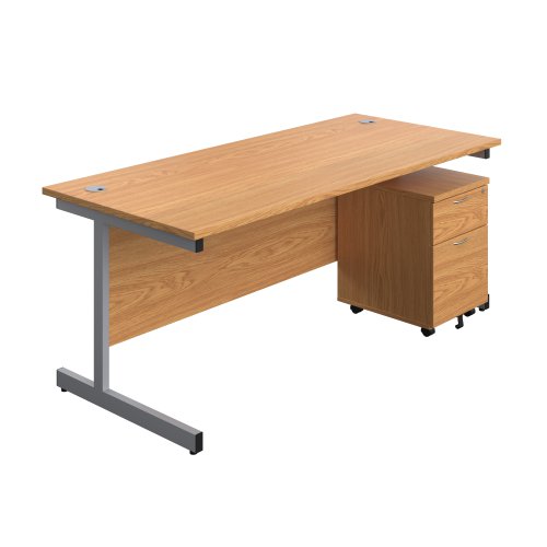 Single Upright Rectangular Desk + Mobile 2 Drawer Pedestal (FSC) 1800 X 800 Nova Oak/Silver