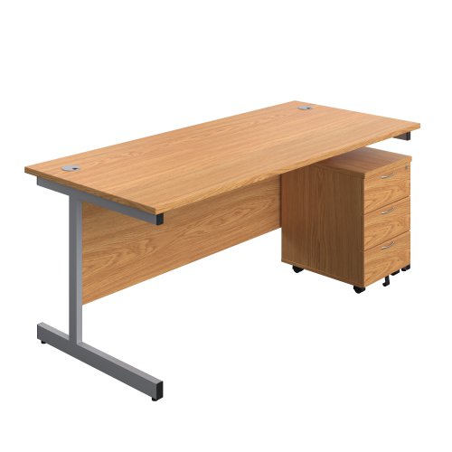 Single Upright Rectangular Desk + Mobile 3 Drawer Pedestal (FSC) 1800 X 800 Nova Oak/Silver
