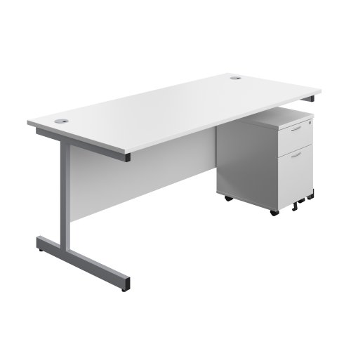 Single Upright Rectangular Desk + Mobile 2 Drawer Pedestal (FSC) 1800 X 800 White/Silver