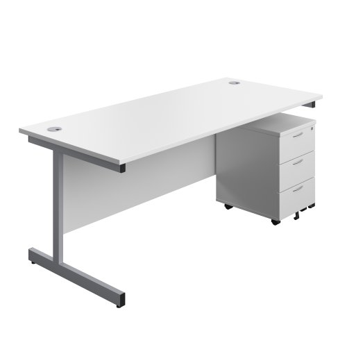 Single Upright Rectangular Desk + Mobile 3 Drawer Pedestal (FSC) 1800 X 800 White/Silver