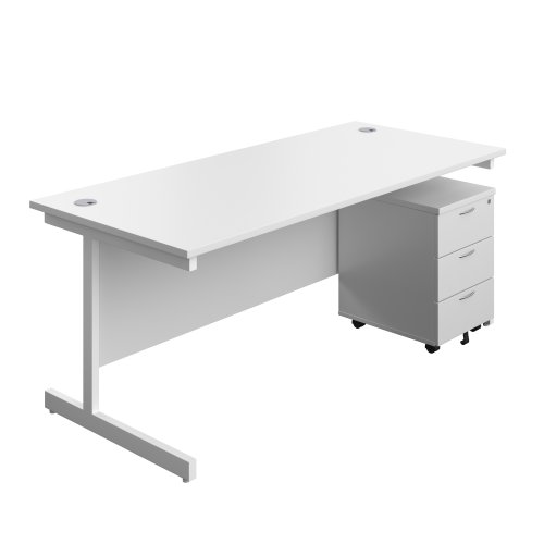 Single Upright Rectangular Desk + Mobile 3 Drawer Pedestal (FSC) 1800 X 800 White/White