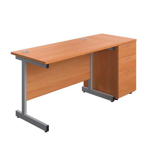 Single Upright Rectangular Desk + Desk High 3 Drawer Pedestal (FSC) 1200 X 600 Beech/Silver