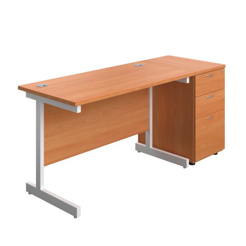 Single Upright Rectangular Desk + Desk High 3 Drawer Pedestal (FSC) 1200 X 600 Beech/White