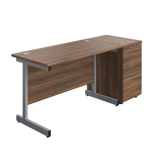 Single Upright Rectangular Desk + Desk High 3 Drawer Pedestal (FSC) 1200 X 600 Dark Walnut/Silver