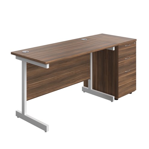 Single Upright Rectangular Desk + Desk High 3 Drawer Pedestal (FSC) 1200 X 600 Dark Walnut/White