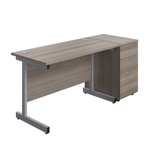 Single Upright Rectangular Desk + Desk High 3 Drawer Pedestal (FSC) 1200 X 600 Grey Oak/Silver