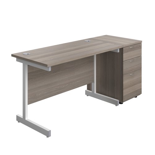 Single Upright Rectangular Desk + Desk High 3 Drawer Pedestal (FSC) 1200 X 600 Grey Oak/White