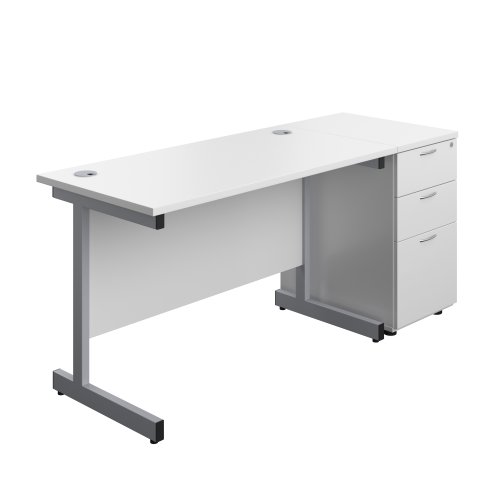 Single Upright Rectangular Desk + Desk High 3 Drawer Pedestal (FSC) 1200 X 600 White/Silver