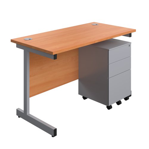 Single Upright Rectangular Desk + Under Desk Steel Pedestal 3 Drawers (FSC) 1200 X 600 Beech/Silver