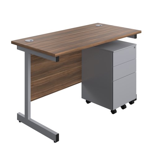 Single Upright Rectangular Desk + Under Desk Steel Pedestal 3 Drawers (FSC) 1200 X 600 Dark Walnut/Silver