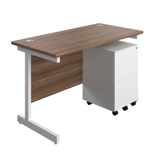 Single Upright Rectangular Desk + Under Desk Steel Pedestal 3 Drawers (FSC) 1200 X 600 Dark Walnut/White