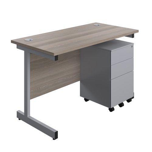 Single Upright Rectangular Desk + Under Desk Steel Pedestal 3 Drawers (FSC) 1200 X 600 Grey Oak/Silver