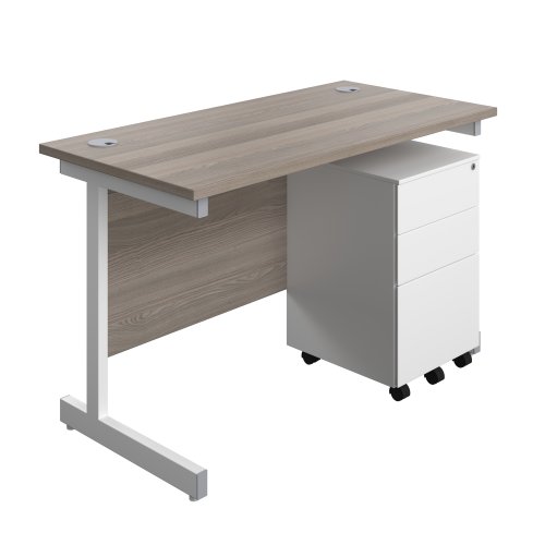 Single Upright Rectangular Desk + Under Desk Steel Pedestal 3 Drawers (FSC) 1200 X 600 Grey Oak/White