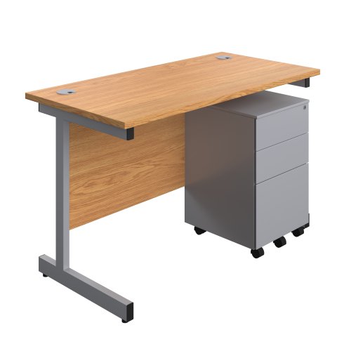 Single Upright Rectangular Desk + Under Desk Steel Pedestal 3 Drawers (FSC) 1200 X 600 Nova Oak/Silver