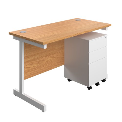 Single Upright Rectangular Desk + Under Desk Steel Pedestal 3 Drawers (FSC) 1200 X 600 Nova Oak/White