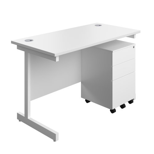 Single Upright Rectangular Desk + Under Desk Steel Pedestal 3 Drawers (FSC) 1200 X 600 White/White