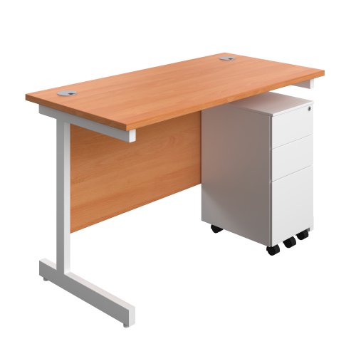 Single Upright Rectangular Desk + Slimline Steel Pedestal 3 Drawers (FSC) 1200 X 600 Beech/White
