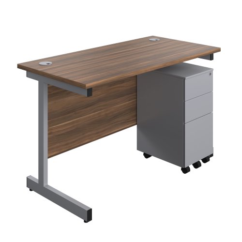 Single Upright Rectangular Desk + Slimline Steel Pedestal 3 Drawers (FSC) 1200 X 600 Dark Walnut/Silver
