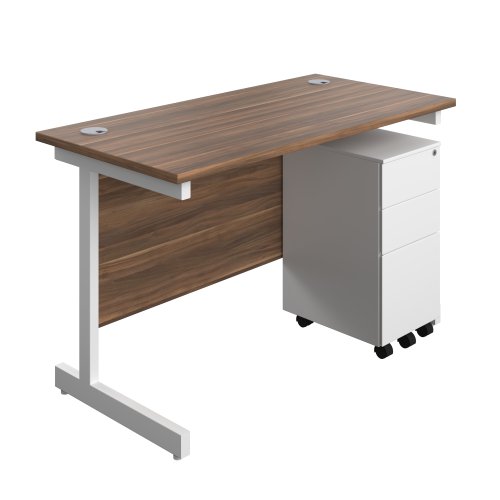 Single Upright Rectangular Desk + Slimline Steel Pedestal 3 Drawers (FSC) 1200 X 600 Dark Walnut/White