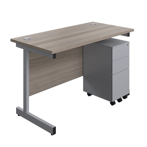 Single Upright Rectangular Desk + Slimline Steel Pedestal 3 Drawers (FSC) 1200 X 600 Grey Oak/Silver