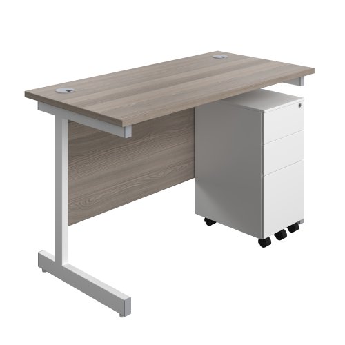 Single Upright Rectangular Desk + Slimline Steel Pedestal 3 Drawers (FSC) 1200 X 600 Grey Oak/White