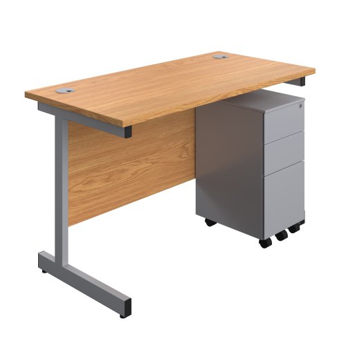 Single Upright Rectangular Desk + Slimline Steel Pedestal 3 Drawers (FSC) 1200 X 600 Nova Oak/Silver