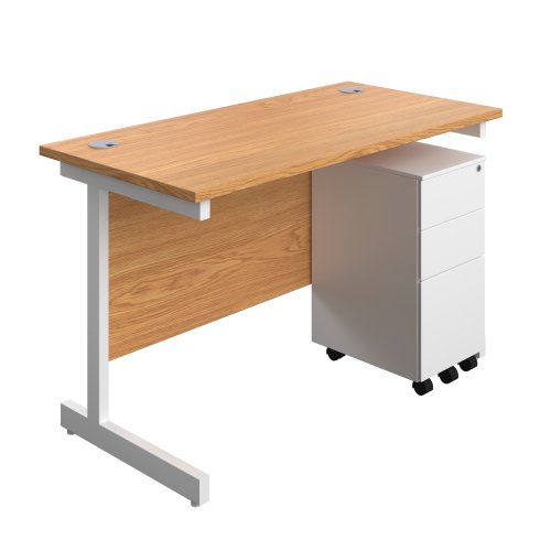 Single Upright Rectangular Desk + Slimline Steel Pedestal 3 Drawers (FSC) 1200 X 600 Nova Oak/White