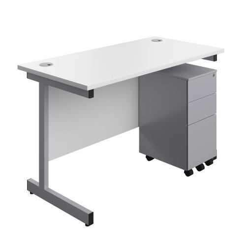 Single Upright Rectangular Desk + Slimline Steel Pedestal 3 Drawers (FSC) 1200 X 600 White/Silver