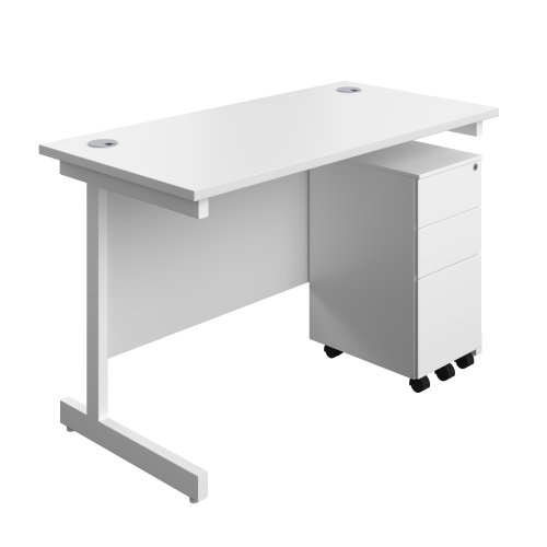Single Upright Rectangular Desk + Slimline Steel Pedestal 3 Drawers (FSC) 1200 X 600 White/White