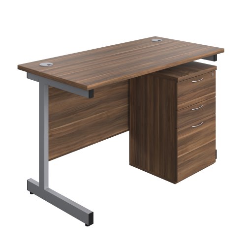Single Upright Rectangular Desk + High Mobile Pedestal 3 Drawer (FSC) 1200 X 600 Dark Walnut/Silver
