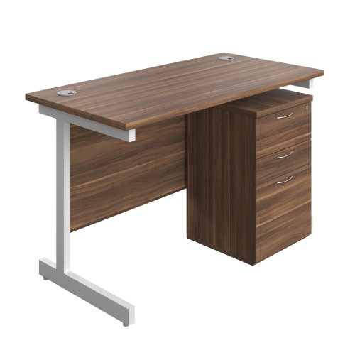 Single Upright Rectangular Desk + High Mobile Pedestal 3 Drawer (FSC) 1200 X 600 Dark Walnut/White